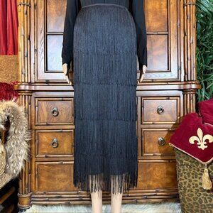 Shein Bae Black Long Multi-Layer Tiered Fringe Pencil Skirt Western Boho